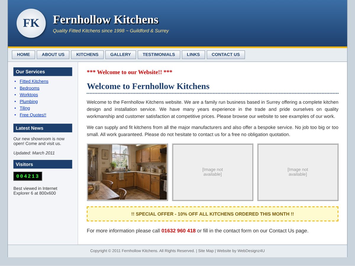 Before: a dated kitchen company website with a blue gradient header, small text and broken images