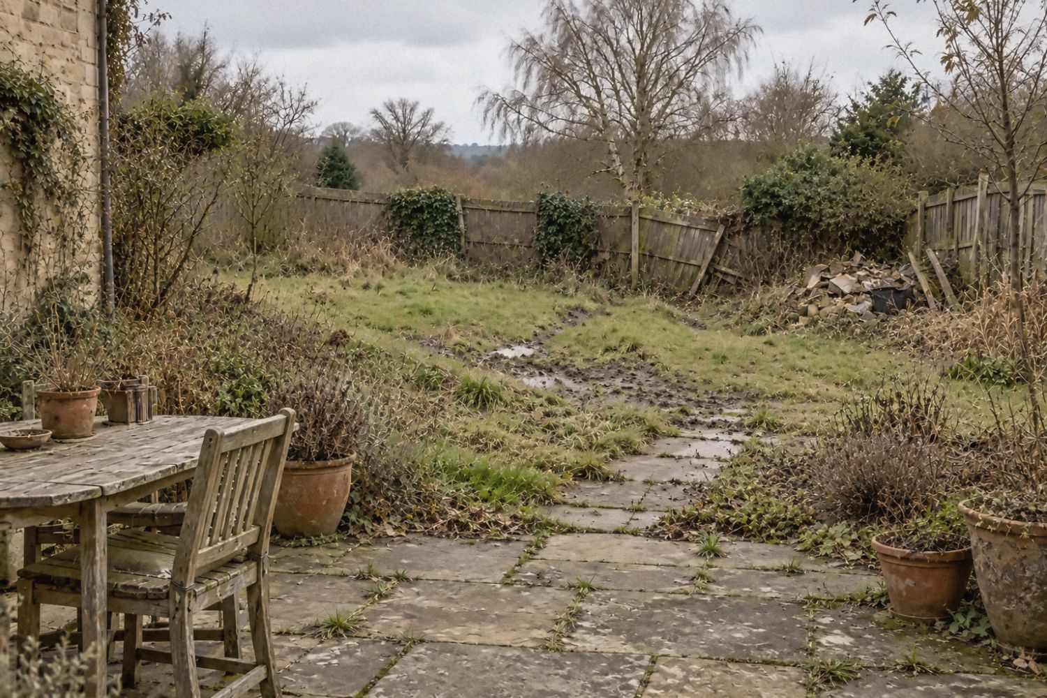 Before: An overgrown garden with a muddy lawn and broken fence