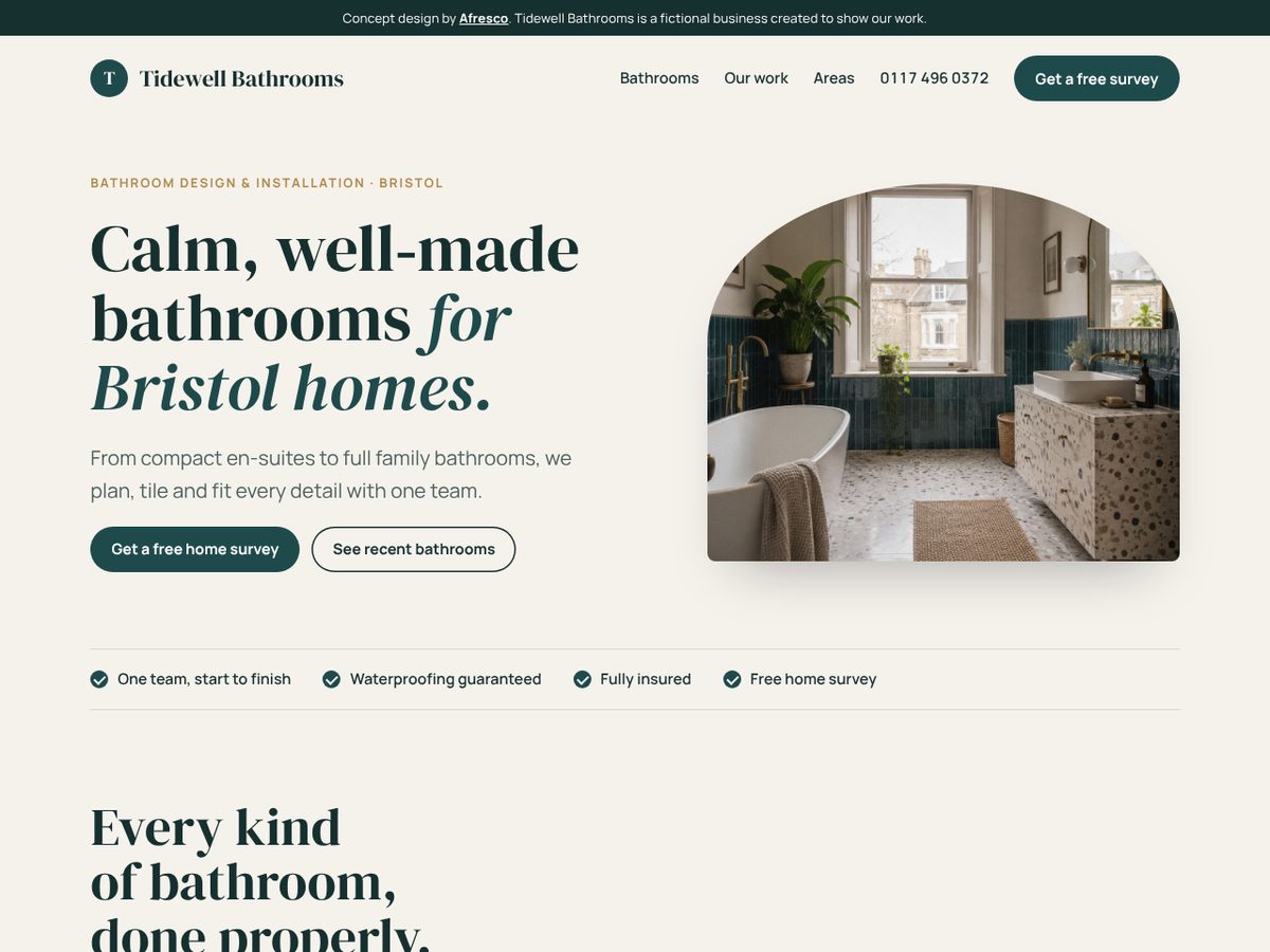 Homepage of the Tidewell Bathrooms concept website on a desktop screen