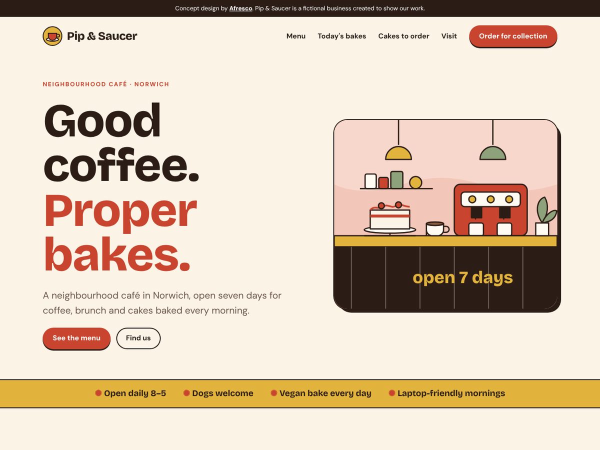 Homepage of the Pip and Saucer concept website on a desktop screen